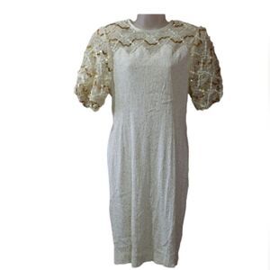 Vintage Leslie Fay 80s White Gold Puff Sleeve Sequin Cocktail Dress Size 10
